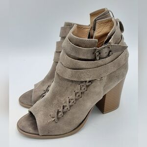 Diba Faux Suede Open Toe Stacked Heel Bootie.